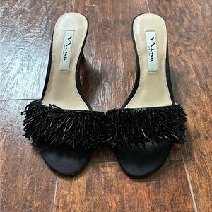 Nina Black Beaded Fringe Slide Heels